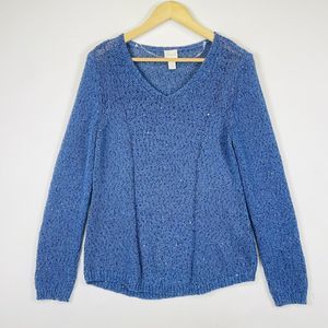 Chico's Blue Sequin‎ Chunky Cable Knit Pullover V-Neck Sweater Womens 1 Medium 8